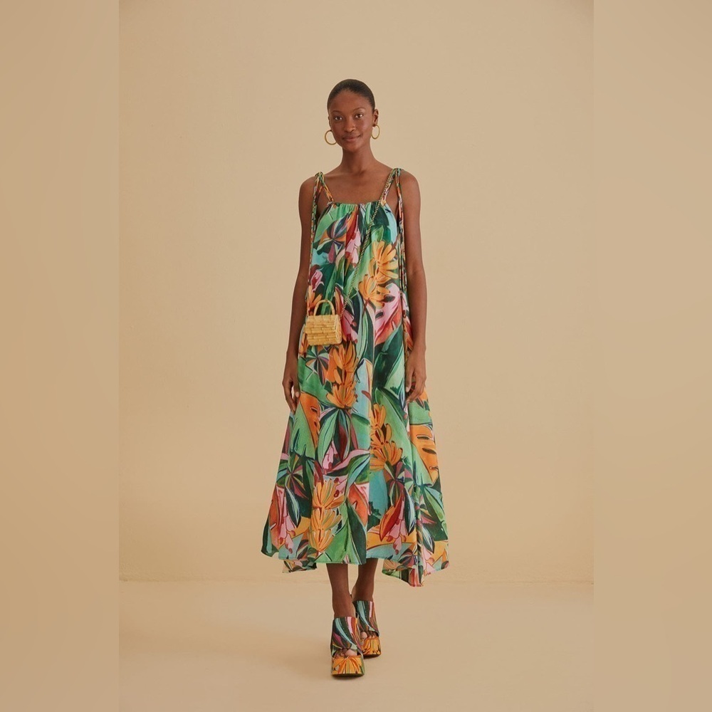 New! Farm Rio Multicolor Banana Foliage Midi Dress 🍃🌺 XS NWT!